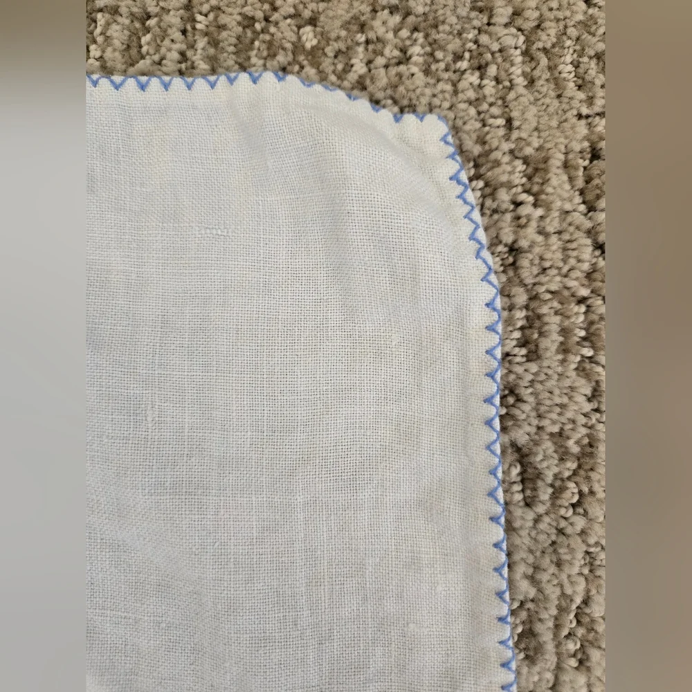 White Linen Napkin Or Handkerchief with Pink Floral Embroidery